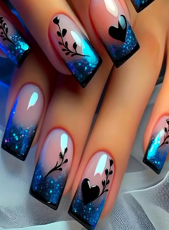 OCOUYVD Blue Gradient French Tip Press on Nails Short Square Shaped False Nails Heart Love Pattern Designs Glitter Acrylic Fake Nails Full Cover Glossy Artificial Stick on Nail Women Nail Art DIY 24 Pcs - Image 1